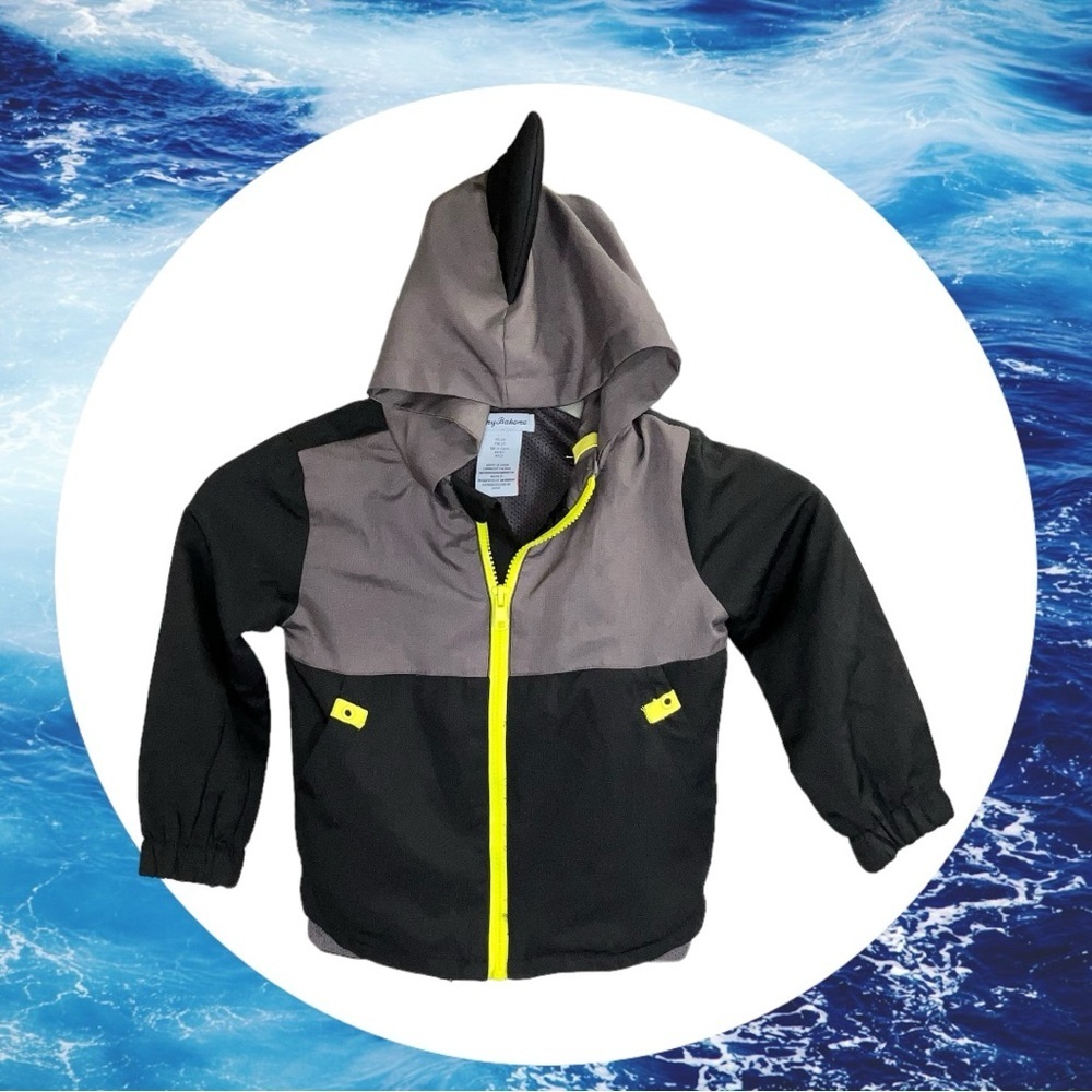 Tommy Bahama Gray Black Neon Yellow Lined Windbreaker Hoodie w Shark Fin Boy 2T